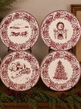Restoration Hardware Holiday Tin Plates Set of 4 Christmas Toile Red White Decor